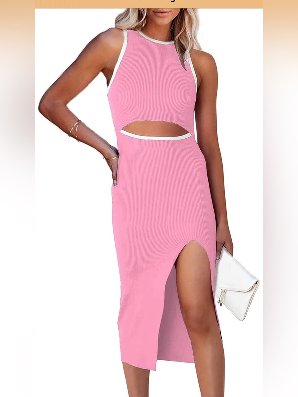 Pink Ribbed Cutout Midi Dress with Side Slit